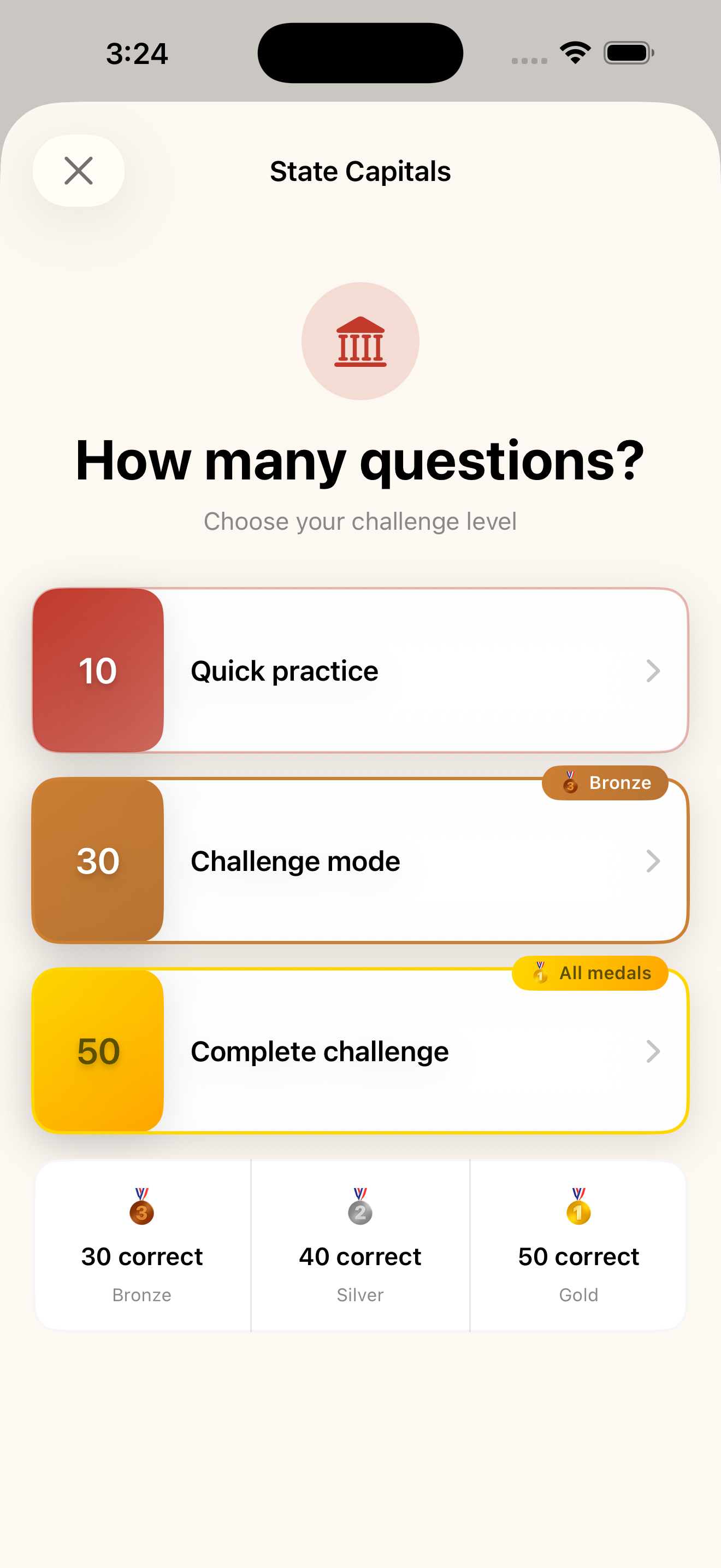 Quiz length selection screen with Quick, Challenge, and Complete modes