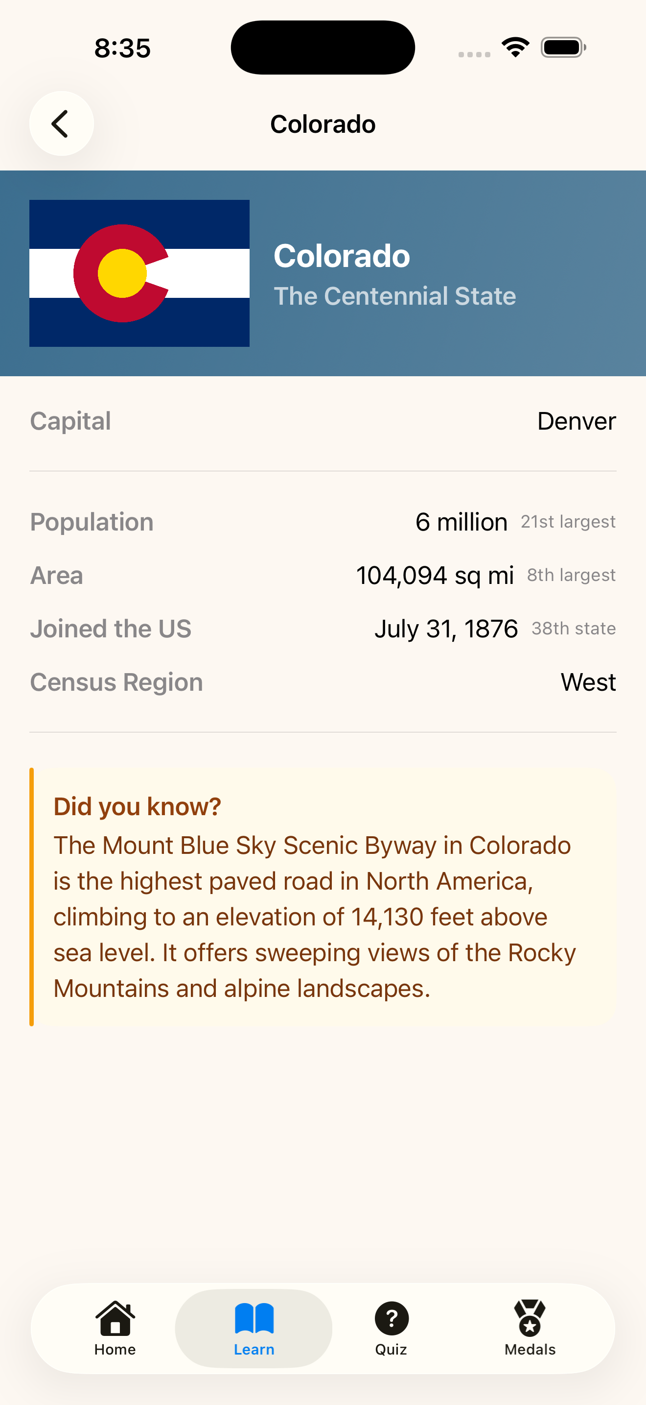 Colorado state details screen in Learn About Your United States